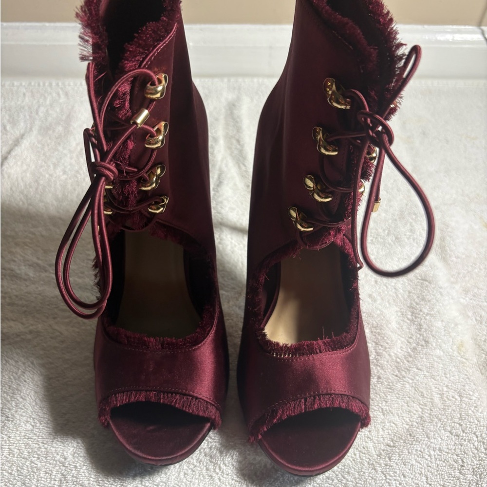 Shoe Dazzle Red Lace Up Boots Satin Stiletto